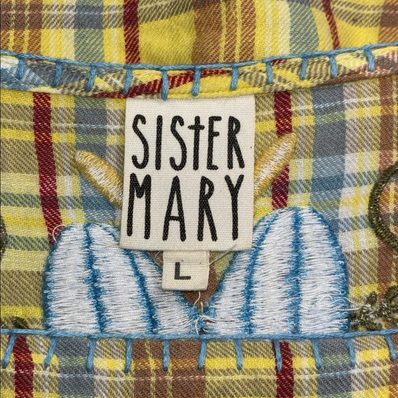 Sister Mary Yellow Blue Plaid Floral Embroidery BoHo 3/4 Sleeves Tunic Blouse Lg - Picture 5 of 11